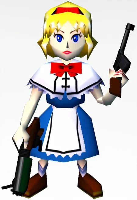 score_9, best quality, masterpiece, uncensored, source_anime,
(solo:1.3), simple background,
alice_margatroid, touhou, 1girl, blue_dress, red_hairband, white_capelet, lolita_hairband, hair_bow, red_bowtie,
holding ranged weapon, gun, rifle, Carl Gustaf m45 gun,
standing, facing viewer, looking at viewer, n64zeldastyle, 3d, polygonal, white background, full body