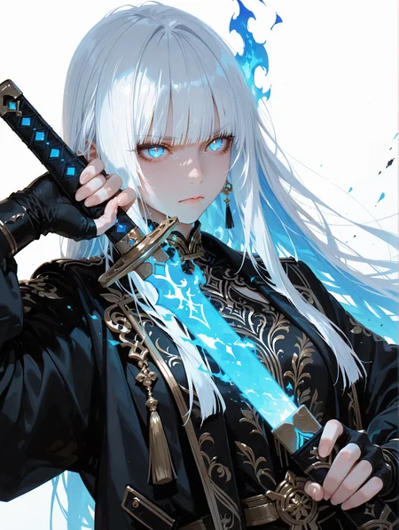 masterpiece, best_quality, amazing quality, newest, add detail+,
semi-real, 2.8d.
1girl, serious expression, frown.
white hair, blunt bangs, hime cut.
wearing gold embroidered clothes, fingerless gloves, jacket.
holding, holding sword, holding 1weapon, sheath, glowing, blue flaming sword, sword in front of face, (unsheathing), tassel,
fire, blue flame.
simple white background, glowing blue sparks,
black and gold theme.
(shoot from side), no lineart,
dynamic composition, dynamic angle.
<lora:Add-cfg_scale_boost:0.>
<lora:add-detail-xl:0.>
detailxl
<lora:748cmSDXL:0.7> 748cmstyle