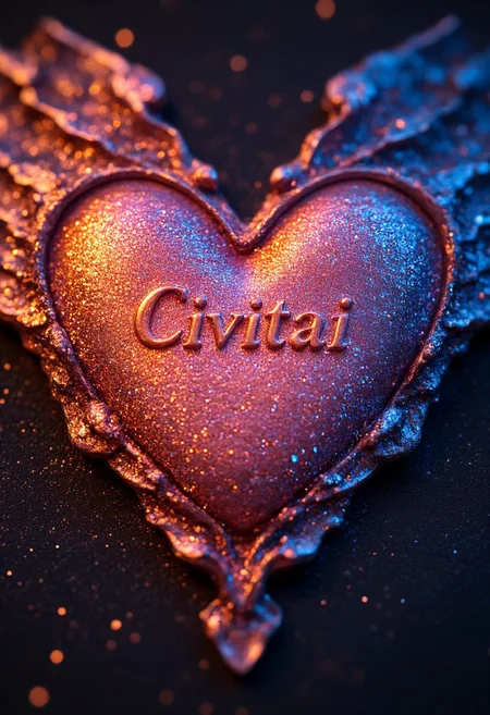A beautifully crafted, heart-shaped sign of love, designed specifically for "Civitai". The heart is made of intricate, glowing neon circuits, representing the blend of technology and creativity that defines the Civitai community. The circuits pulse softly with light, shifting through a spectrum of warm, vibrant colors—reds, pinks, and purples—symbolizing passion, creativity, and connection. In the center of the heart, the word "Civitai" is written in elegant, flowing script, with each letter made of intertwined, shimmering Glitter filaments of light, as if drawn from the digital world itself. Surrounding the heart are delicate, ethereal wings that give the sign an almost angelic quality, signifying the freedom of creativity and expression that Civitai fosters. The background is a deep, starry sky, with soft trails of light representing the shared ideas and inspiration that connect the community. The overall atmosphere is one of warmth, creativity, and a deep, enduring love for the art of prompting and AI-generated creativity.