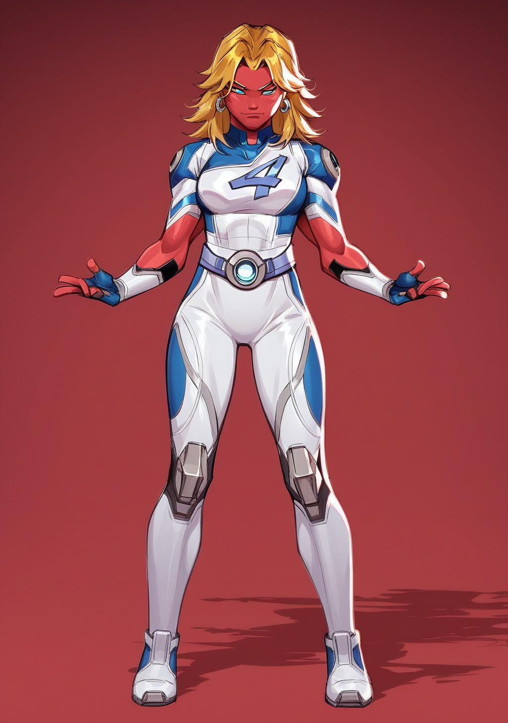 score_9, score_8_up, score_7_up, score_6_up, score_5_up, score_4_up, masterpiece, high quality, BREAK, full body, BREAK,   <lora:Susan_Storm__Invisible_woman_Marvel_Rivals_Pony:0.8> sue storm (marvel rivals), susan storm, sue storm, blue outfit, earrings, blue eyes, "4" symbol, blonde hair, <lora:Tetramand_Ben10_Pony_XL:0.8> red skin, muscular, 4arms, multiple arms, multiple eyes, 4eyes, ben10, large, alien, colored skin,