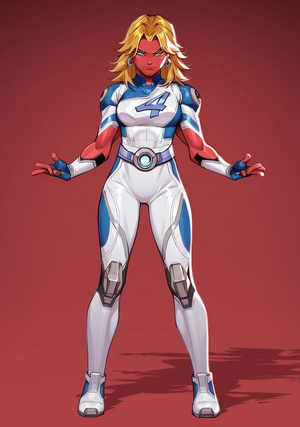 score_9, score_8_up, score_7_up, score_6_up, score_5_up, score_4_up, masterpiece, high quality, BREAK, full body, BREAK,   <lora:Susan_Storm__Invisible_woman_Marvel_Rivals_Pony:0.8> sue storm (marvel rivals), susan storm, sue storm, blue outfit, earrings, blue eyes, "4" symbol, blonde hair, <lora:Tetramand_Ben10_Pony_XL:0.8> red skin, muscular, 4arms, multiple arms, multiple eyes, 4eyes, ben10, large, alien, colored skin,