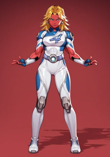 score_9, score_8_up, score_7_up, score_6_up, score_5_up, score_4_up, masterpiece, high quality, BREAK, full body, BREAK, <lora:Susan_Storm__Invisible_woman_Marvel_Rivals_Pony:0.8> sue storm (marvel rivals), susan storm, sue storm, blue outfit, earrings, blue eyes, "4" symbol, blonde hair, <lora:Tetramand_Ben10_Pony_XL:0.8> red skin, muscular, 4arms, multiple arms, multiple eyes, 4eyes, ben10, large, alien, colored skin,