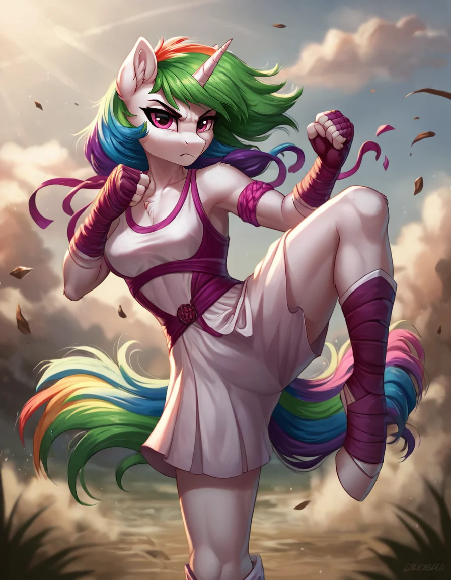 score_9, score_8_up, score_7_up,
source_furry, teep fighting stance,martial arts,
female, solo, breasts, unicorn, hair, fur, my little pony, gloves, outside, equine, fingers, anthro, green hair, looking at viewer, mammal, shaded, eyelashes, pink eyes, horn, rainbow hair, multicolored hair, eyebrows, hasbro, detailed background, friendship is magic, 5 fingers, white body, iskra, 2021, equid, digital media \(artwork\), 2020, inner ear fluff, solo,looking at viewer, angry, (( wind, epic)), dynamic, motion blur,
<lora:muay_thai_teep:0.8>