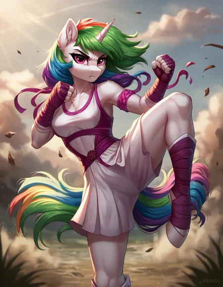 score_9, score_8_up, score_7_up,
source_furry, teep fighting stance,martial arts,
female, solo, breasts, unicorn, hair, fur, my little pony, gloves, outside, equine, fingers, anthro, green hair, looking at viewer, mammal, shaded, eyelashes, pink eyes, horn, rainbow hair, multicolored hair, eyebrows, hasbro, detailed background, friendship is magic, 5 fingers, white body, iskra, 2021, equid, digital media \(artwork\), 2020, inner ear fluff, solo,looking at viewer, angry, (( wind, epic)), dynamic, motion blur,
<lora:muay_thai_teep:0.8>