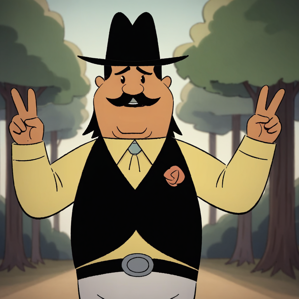 score_9_up, score_8_up, BREAK, CarlosFlores, 1boy, solo, black eyes, mustache, hat, yellow shirt, black vest, black belt, white pants, cowboy shot, forest,  <lora:CarlosFlores_KidCosmic_PXL_Leaf1:1>, double v,