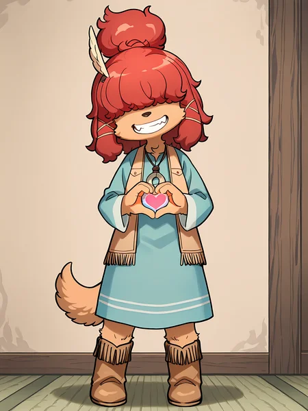 BREAK, <lora:Wappa_Charlotte:1>, Wappa Charlotte, Fuga: Melodies of Steel, kemono, furry female, young female, 1girl, dog girl, tan fur, (hair over eyes), red hair, bangs, dog tail, Fuga 2 appearance, ponytail, brown hairbands,
BREAK, Fuga 2 Outfit, tan trimmed boots, turquoise tunic, tan vest, circular pendant, leather cord, feather in hair,
BREAK, solo, full body, inside, looking at viewer, standing, smile, head tilt, teeth, hand heart, forming heart with hands,