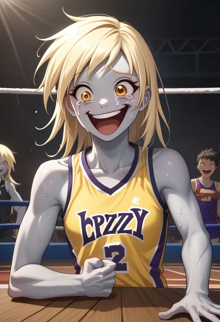 EnD_Niji_Sports, source_pony, Wheeze, open mouth, tears, laughing, Derpy Hooves, colored skin, grey skin, smile, crazy eyes, collarbone, upper body, shirt, bare shoulders, closed mouth, sweat, sleeveless, makeup, sportswear, wrestling uniform, hand on table, english text, clenched hand BREAK PonyXLV6_Scores