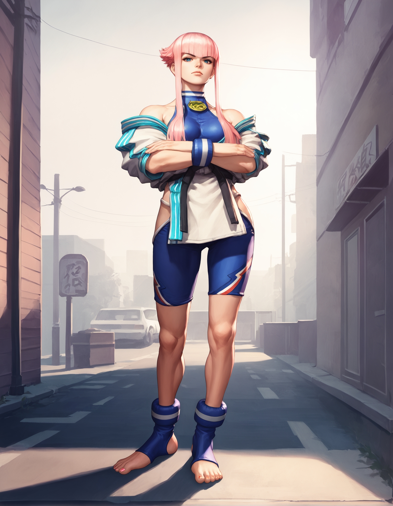 score_9, score_8_up, score_7_up,score_6_up,high resolution,mnon,mnon hair,source_anime,pink hair,1girl,solo,full body,jacket,bodysuit,bracelet,in street,toeless legwear,volumetric lighting,rim lighting,dof,dramatic shadow,chiaroscuro,standing,crossed arms,looking at viewer