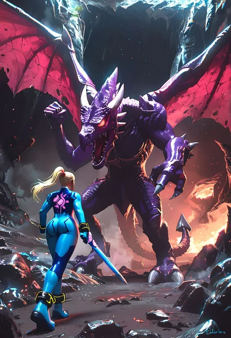 score_9, score_8_up, score_7_up, source_anime,
beautiful aesthetic, very intricate, high quality details,
1girl, samus aran, zero suit, full bodysuit,
ridley, (giant ridley standing in front of samus aran, inside cave, cave in background), Bosstyle,
fighting stance
<lora:PonyBossBattle:0.8>
<lora:RIDLEY:0.35>