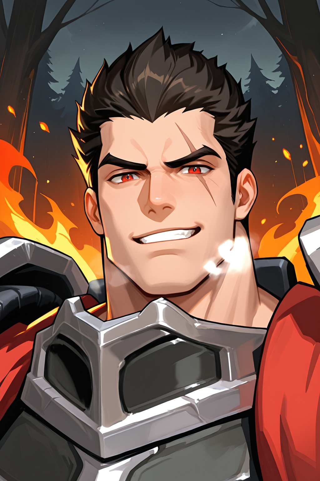darius, score_9, score_8_up, score_7_up, portrait, scar across eye, bara, male, mature male, high detail face, looking at viewer, thick eyebrows, [red eyes, armor, shoulder armor, spiked hair, red cape straps], masculine, manly, muscular, male_solo, heavy breathing, condensed breath, facing viewer, wildfire, forest fire, glowing embers, burning trees, dull flames, dark grey forest, thick smog, smug, teeth