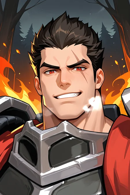 darius, score_9, score_8_up, score_7_up, portrait, scar across eye, bara, male, mature male, high detail face, looking at viewer, thick eyebrows, [red eyes, armor, shoulder armor, spiked hair, red cape straps], masculine, manly, muscular, male_solo, heavy breathing, condensed breath, facing viewer, wildfire, forest fire, glowing embers, burning trees, dull flames, dark grey forest, thick smog, smug, teeth