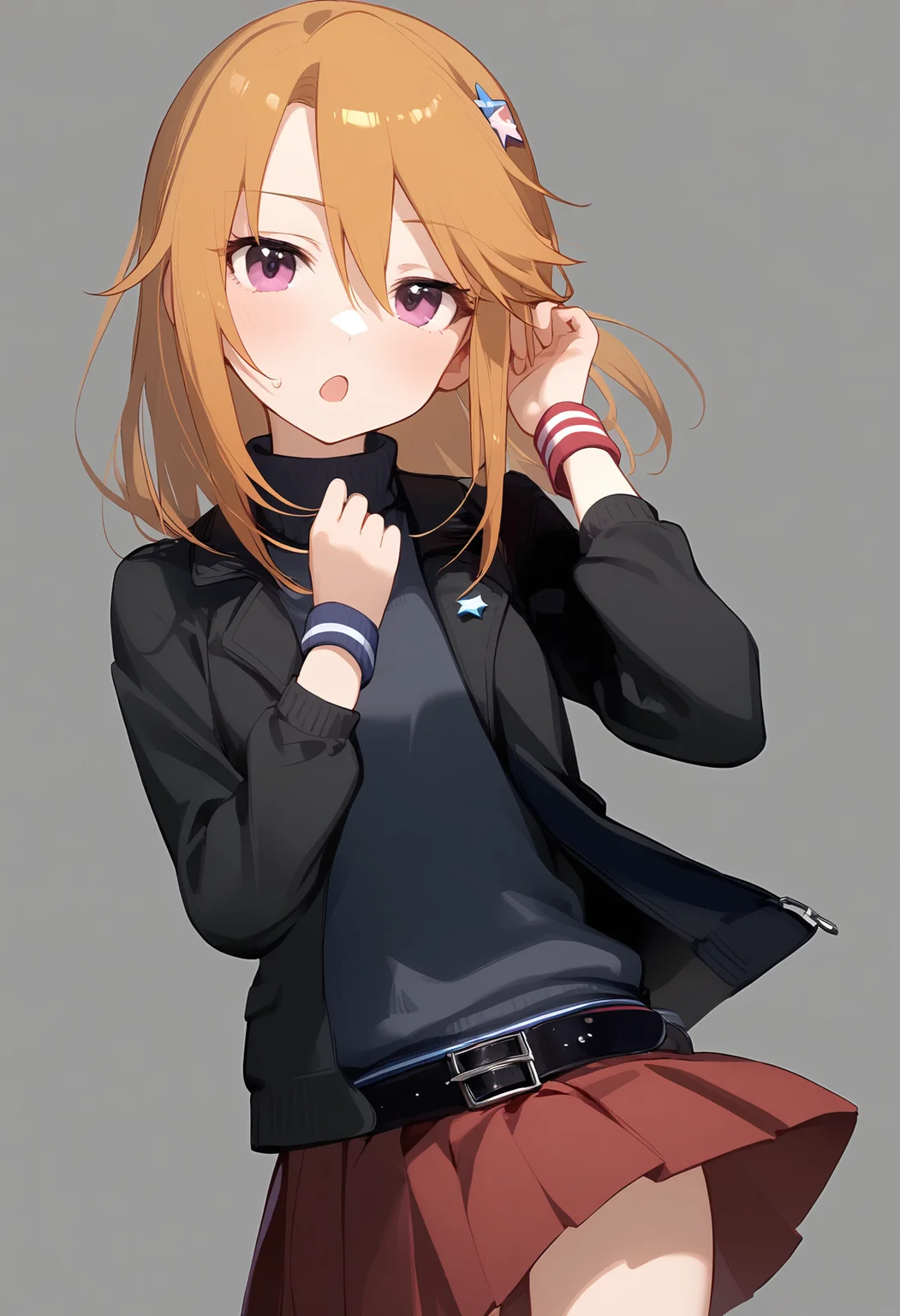1girl,
yuuki haru,
long hair, solo, short hair with long locks, red skirt, open jacket, wristband, black belt, cowboy shot, star hair ornament, hands up, belt buckle, black jacket, turtleneck, hand on own ear, blonde hair, sweatband, belt, light blush, jacket, skirt, turtleneck sweater, open clothes, pink eyes, grey background, open mouth, black sweater, standing, hair between eyes, simple background, pleated skirt, buckle, star \(symbol\), hair ornament, sweater,
sfw
<lora:a31_char_new_yuuki_haru-000014:1> <lora:a31_style_koni-000010:0.8>