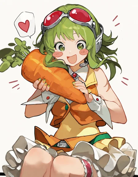 very awa, 1girl, gumi, vocaloid, carrot, holding, excited, white background, blush stickers, white background, cowboy shot, sitting, spoken heart, cowboy shot,  [masterpiece:0.15], [best quality:0.15], [newest:0.15], [absurdres:0.15] <lora:stylelora-000010:1>