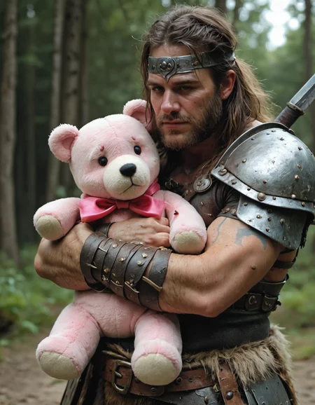 a barbarian warrior, hugging a pink teddy bear, <lora:EldritchCandids1.1.2:0.4> <lora:real_dream_pony_realistic_lora_3:0.4> <lora:MJ52:0.3> <lora:FF.101.juggernautXL_version6Rundiffusion.LORA:0.4> <lora:JuggerCineXL2:0.3>