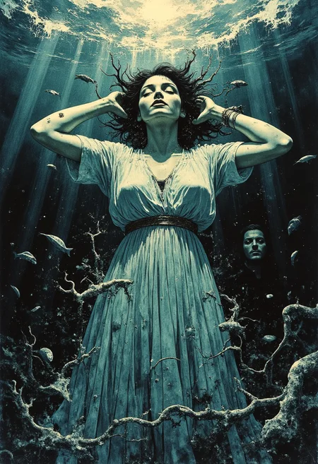 A dramatic image representing falling in love, depicted through the imagery of a drowning figure. At the center is a woman submerged in deep, turbulent water, her long, flowing gown entangled in swirling seaweed and debris. Her arms reach upward toward the faint surface, fingers just outstretched as if she’s grasping for air. Her hair, dark and wild, floats around her in a chaotic halo. Despite the struggle, her expression is eerily calm, with closed eyes and a soft, resigned smile, as though she’s accepted the pull of the tide. The background shows an ocean in turmoil, the water dark and heavy with waves crashing above, but beneath the surface, there is an eerie stillness. Sunlight filters weakly through the water, casting fragmented beams that illuminate her figure. Around her, fish and sea creatures drift by, unbothered by her descent. Farther into the background is a shadowy male figure, staring at the women with an unnaturally wide grin on his face. Blue-green and silver accents highlight the sense of being consumed by the deep, while faint bubbles rise from her lips, symbolizing the final surrender to the depths. conceptual, impressionistic