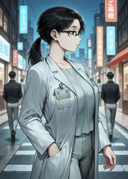 masterpiece, best quality, amazing quality, absurdres,
h1roo, c0ath1roo, 1girl, black eyes, black hair, breasts, large breasts, ponytail, black-framed eyewear, semi-rimless eyewear, white coat, labcoat, name tag, shirt, collarbone, id card, pants, pocket, grey pants, long sleeves,
, walking, on street, city background, blank face, night, depth_of_field, focus, blurry background, from side, profile,