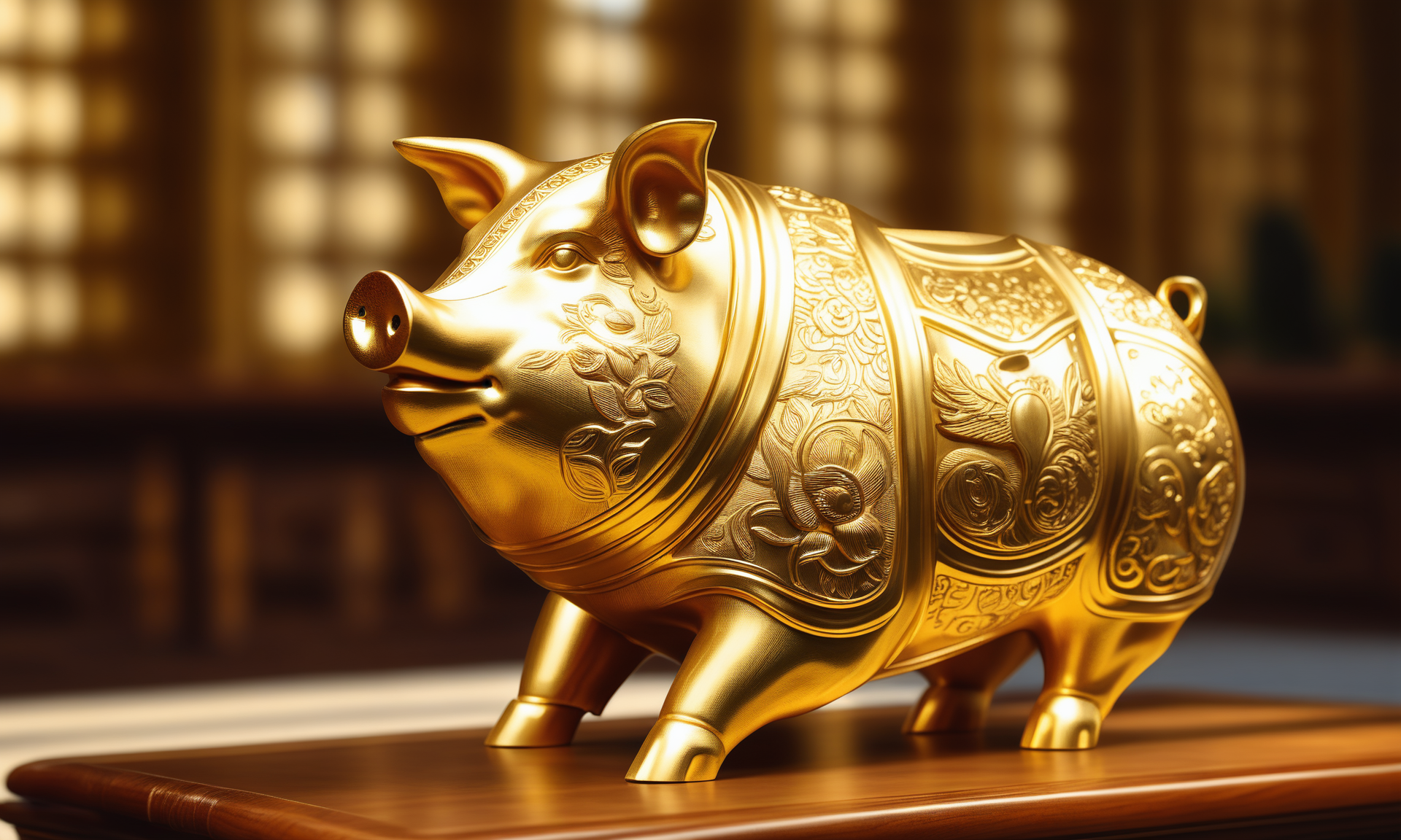 <lora:goldcarvingcd_xl-000006:0.8>,a statue of a boar made of golden in office scene,goldcarvingcd_xl,gold carving,indoors,chinese zodiac,wooden table,cutie,cute,still life,animal statue,front view,facing viewer,looking at viewer,(Unbelievable Digital Artwork:1.3),fine art,CGSociety,ArtStation,master works, emotional, harmonious, high budget, moody, epic, gorgeous, perfect lighting, realistic, photorealistic, photographic, photo (medium),real, moody lighting, volumetric lighting, reality ray tracing, 8K, HDR, UHD, masterpiece, best quality, highly detailed, high resolution, finely detail, extremely detailed, ultra detailed, wallpaper