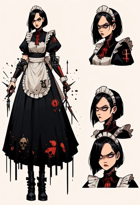 Warhammer 40k concept art, score_9, score_8_up, score_7_up, A Battle Sister Inquisitor, 1girl, (((maid outfit))), sister of battle, small breast, standing proudly, japanese maid outfit, ((black square cut)), ((black hair)), mature woman, (asian woman), estritc eyes,, Expressiveh, angry, glaases, shaded face, black eyes, dramatic, dark gothic cathedral, Imperium, mad-cbrpnksplshrt, warhammer-40k-drawing-style, splash art, concept art, character design, character reference sheet, multiple views, full body, upper body,
