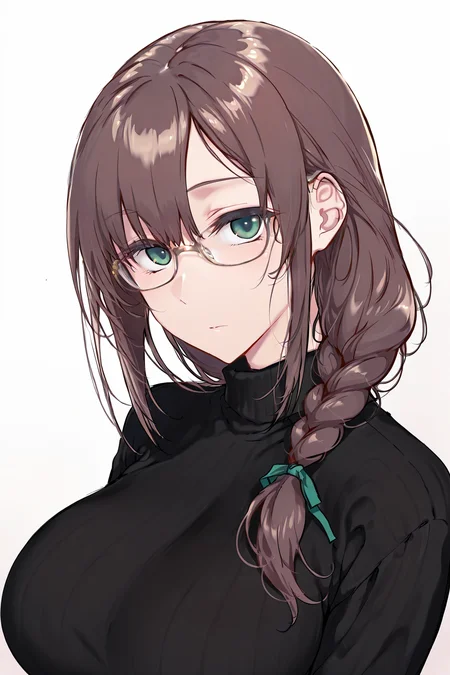 {{amazing quality, best quality, high quality, very aesthetic}}, 1girl, solo, looking at viewer, simple background, brown hair, single braid, green eyes, glasses, large breasts, black sweater, turtleneck, expressionless
<lora:Iida-Pochi_Style:1>