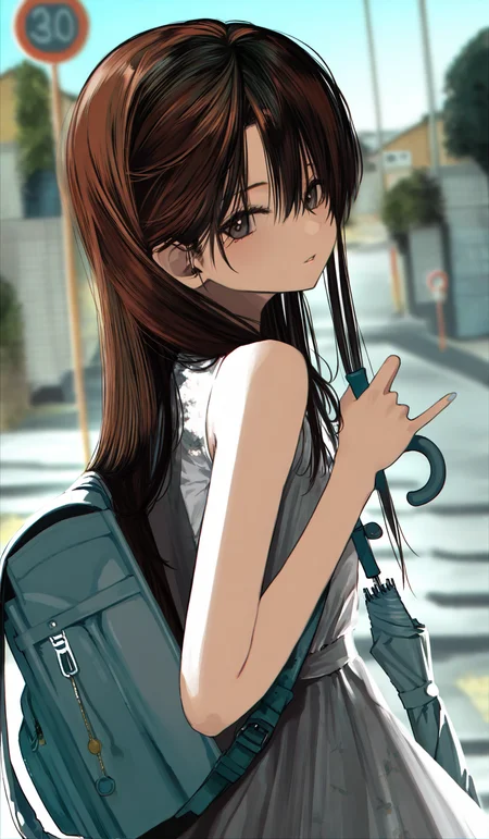 <lora:HonnryouHanaru-Style>,
highres,absurdres,newest,very awa,masterpiece,best quality,year 2024,
(upper body:1.6),
1girl, umbrella, solo, long hair, dress, bag, holding, outdoors, backpack, white dress, motor vehicle, looking at viewer, closed umbrella, car, sleeveless, road, street, holding umbrella, black hair, brown hair, sleeveless dress, hair between eyes, road sign, blurry, bare shoulders, looking back, parted lips, blurry background, grey dress