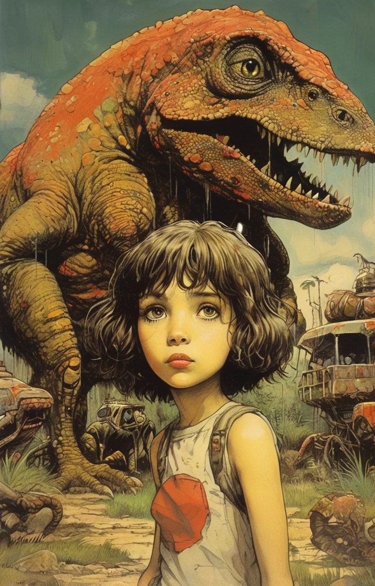 masterpiece,best quality,<lora:tbh275-sdxl:0.9>,illustration,style of William Stout,jurassic park, tech genius teenage girl