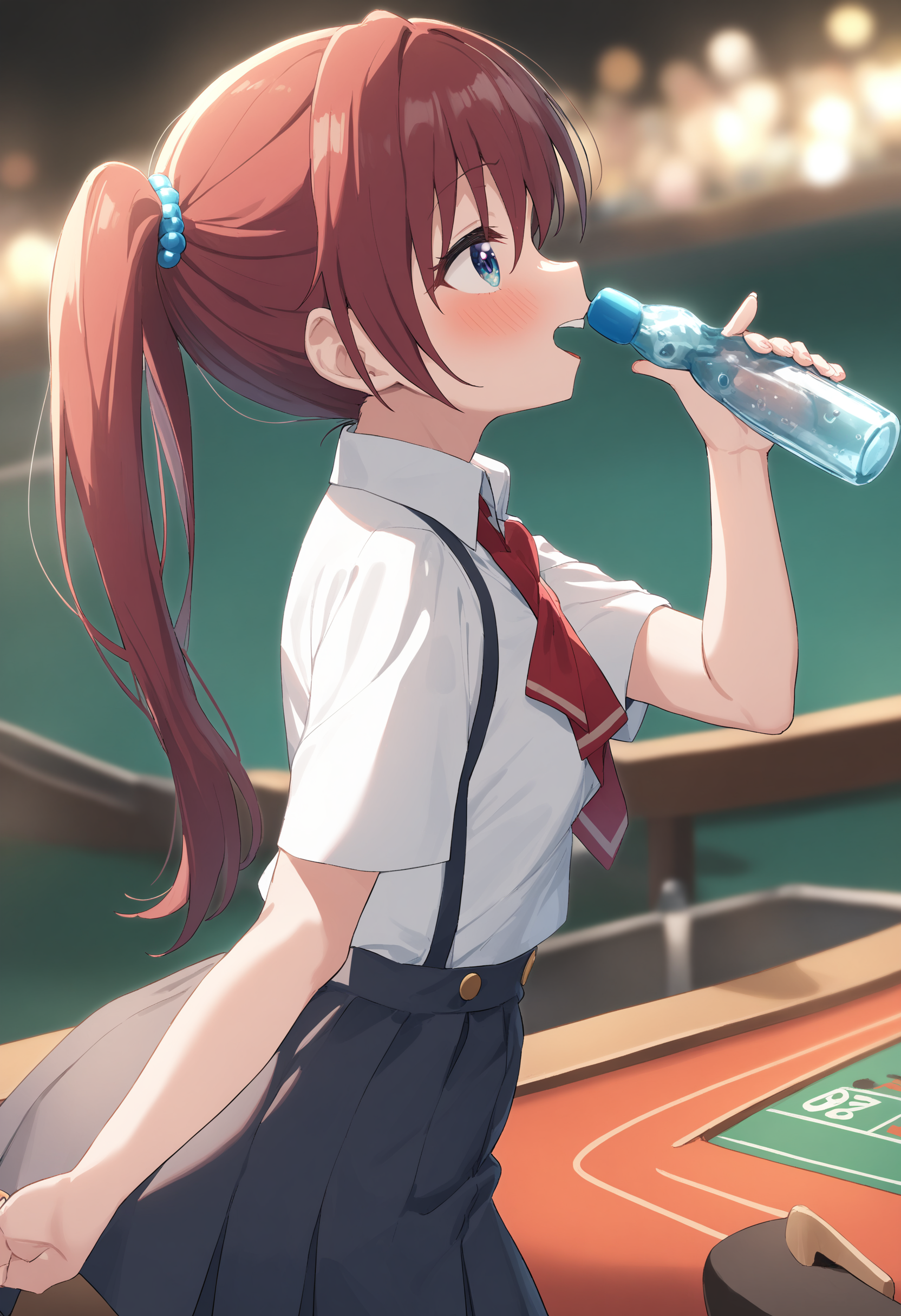 1girl,sincos, ningen mame, toosaka asagi,solo,medium breasts,school uniform,short sleeves,
ramune, holding bottle,<lora:ramune_XL_v1:0.9>
from side, cowboy shot, looking down, red hair, silver eyes,disdain, casino, open mouth,
best quality, very aesthetic, absurdres