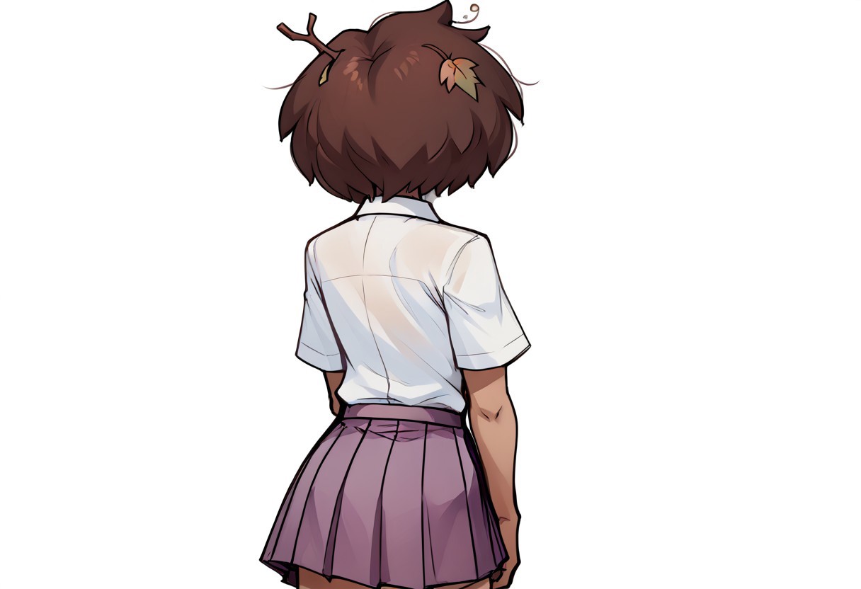 score_9, score_8_up, score_7_up, score_6_up, score_5_up, score_4_up, rating_explicit, ar_bd, sketch, sketch lines, pencil drawing, (Intricate textures:1.5) collared shirt, purple skirt, pleated skirt, (on parchment:1.4), anneboonchuy, brown hair, dark-skinned female, leaf hair ornament, short hair, Angelic Hideaway