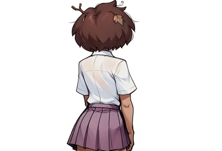 score_9, score_8_up, score_7_up, score_6_up, score_5_up, score_4_up, rating_explicit, ar_bd, sketch, sketch lines, pencil drawing, (Intricate textures:1.5) collared shirt, purple skirt, pleated skirt, (on parchment:1.4), anneboonchuy, brown hair, dark-skinned female, leaf hair ornament, short hair, Angelic Hideaway