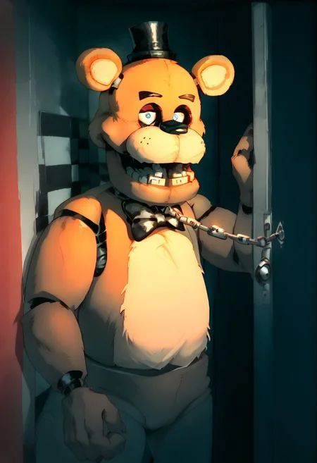score_9_up, score_8_up, score_7_up, score_6_up, door chain, freddy, bear ears, red walls, checkered line on wall, gray walls, checkered floors, dark scene, horror scene, detailed background