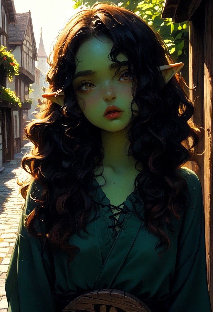 score_9, score_8_up, score_7_up, 1girl, goblin, dark green skin,  solo female focus, large pointed ears. skinny, wild red hair, long hair, loose curly hair, green skin, freckles, Freckled ass, beautiful yellow eyes, small breasts, brown loin cloth, chest wrap. Pouting lips. Blushing, cute pout, expression. Holding wooden sign, "starving goblin  need buzz" messy writing. Looking up at viewer.
Medieval town street. Bright sunny day