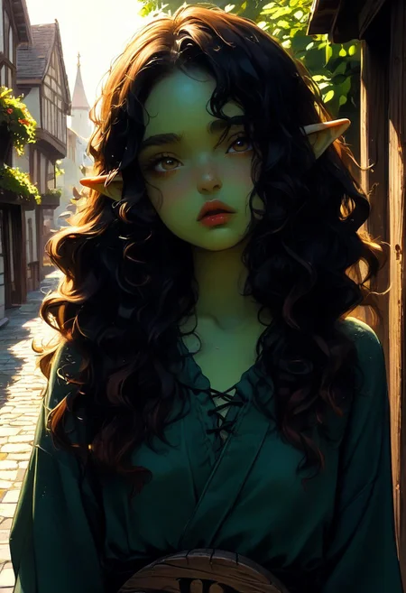 score_9, score_8_up, score_7_up, 1girl, goblin, dark green skin,  solo female focus, large pointed ears. skinny, wild red hair, long hair, loose curly hair, green skin, freckles, Freckled ass, beautiful yellow eyes, small breasts, brown loin cloth, chest wrap. Pouting lips. Blushing, cute pout, expression. Holding wooden sign, "starving goblin  need buzz" messy writing. Looking up at viewer.
Medieval town street. Bright sunny day