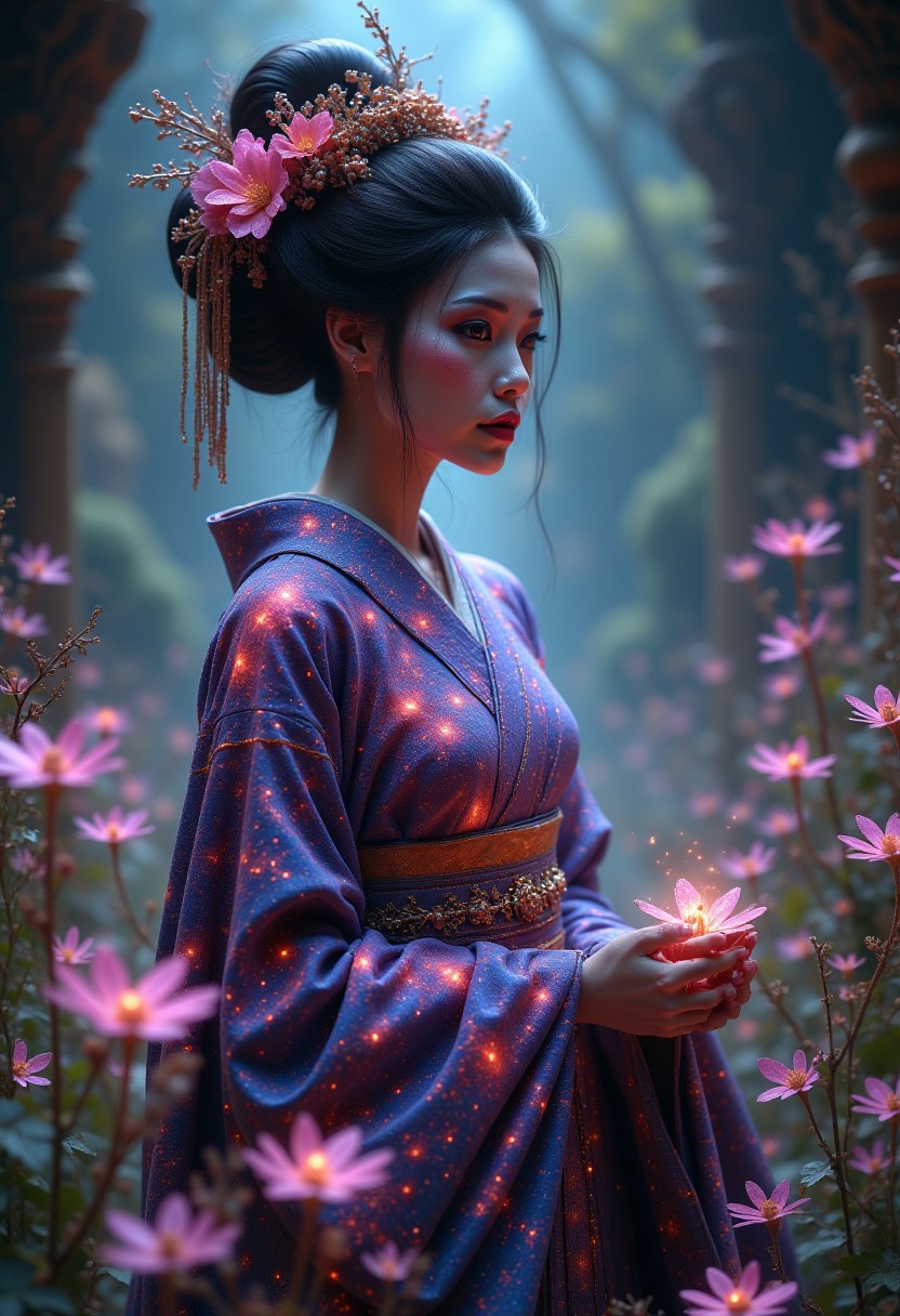 glowing galaxy cracks, A professional photography of a gothic geisha with whimsical elements, surrounded by an magical and eerie fairytale landscape with sparkling crystals and colorful flowers, awesome appearence, fantastic cyberpunk art concept, intricate details, trending on artstation, masterpiece, 8k