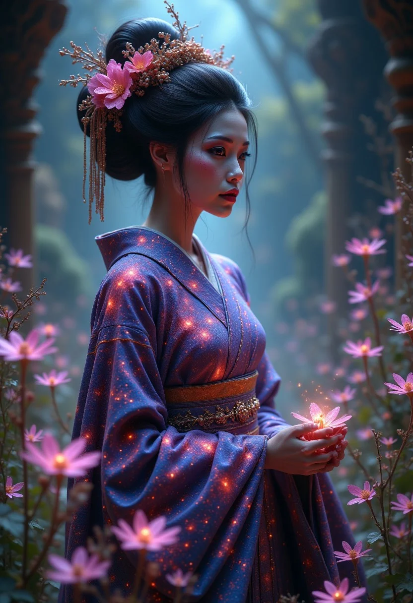 glowing galaxy cracks, A professional photography of a gothic geisha with whimsical elements, surrounded by an magical and eerie fairytale landscape with sparkling crystals and colorful flowers, awesome appearence, fantastic cyberpunk art concept, intricate details, trending on artstation, masterpiece, 8k