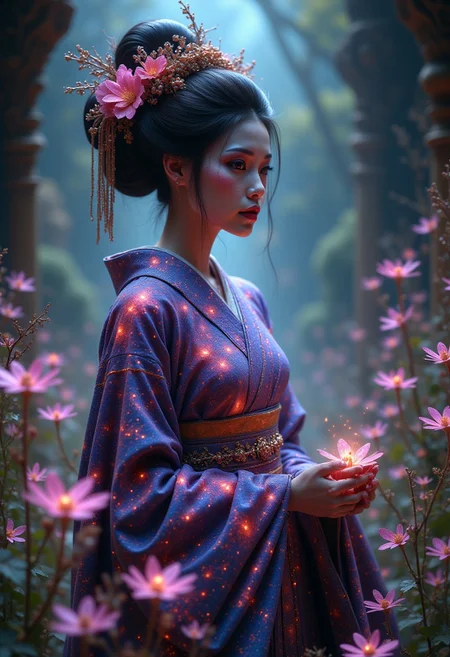 glowing galaxy cracks, A professional photography of a gothic geisha with whimsical elements, surrounded by an magical and eerie fairytale landscape with sparkling crystals and colorful flowers, awesome appearence, fantastic cyberpunk art concept, intricate details, trending on artstation, masterpiece, 8k