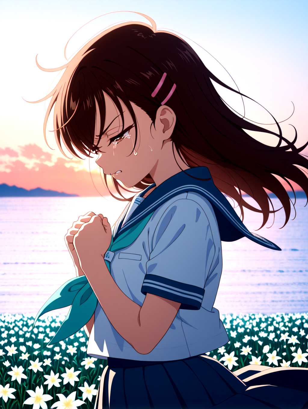 masterpiece,best quality,newest,absurdres,highres,detailed eyes,beautiful,detailed background,perfect eyes,anime coloring,anime screencap,white background,
nsfw,explicit,<lora:add-detail-xl:1>,<lora:ponyv4_noob1_2_adamW-000017:0.8>,wear clothes,
1girl,solo,outdoors,sea skyline,numerous flower(narcissu),sunset,wind lift,narcissu_petals,mid_shot,head down,praying,from side,gloom,clenched hand,clenched lips,half-closed eyes,tears,angry,dripping teardrop,
<lora:IL-SETSUMI-10:1>,narcissu,il-setsumi_sakura,brown hair,brown eyes,school uniform,long hair,white serafuku,pink hairclip,blue skirt,aqua neckerchief,age down,blue sailor collar,
