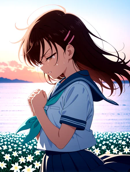 masterpiece,best quality,newest,absurdres,highres,detailed eyes,beautiful,detailed background,perfect eyes,anime coloring,anime screencap,white background,
nsfw,explicit,<lora:add-detail-xl:1>,<lora:ponyv4_noob1_2_adamW-000017:0.8>,wear clothes,
1girl,solo,outdoors,sea skyline,numerous flower(narcissu),sunset,wind lift,narcissu_petals,mid_shot,head down,praying,from side,gloom,clenched hand,clenched lips,half-closed eyes,tears,angry,dripping teardrop,
<lora:IL-SETSUMI-10:1>,narcissu,il-setsumi_sakura,brown hair,brown eyes,school uniform,long hair,white serafuku,pink hairclip,blue skirt,aqua neckerchief,age down,blue sailor collar,