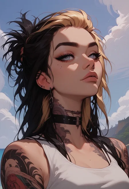 Score_9, Score8_up, Score_7_up, (((High Resolution, Best Quality))), 
1girl, solo, Covered in Tattoos, her hand on her head, brushing hair behind ear, black hair, blonde streak in hair, 
Tanktop, cutoff, choker, 
On a Cliff overlooking a beach, Cloudy Sky,