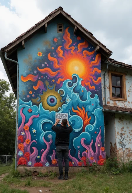 A street artist creates a masterpiece on the wall of an old dilapidated house.