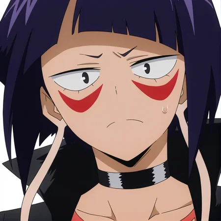 sharp focus, pixiv masterpiece, source_anime, best quality, high res, absurd res, anime_screencap, BREAK
<lora:Kyoka_Jiro_MHA_IL_v49:1> kyokajiro, 1girl, solo, purple_hair, short_hair, black_eyes, earlobes, portrait, looking at viewer, white background, simple background, black_jacket, choker, close-up, red_crescent_face_marks, eye glare, cutout_shirt