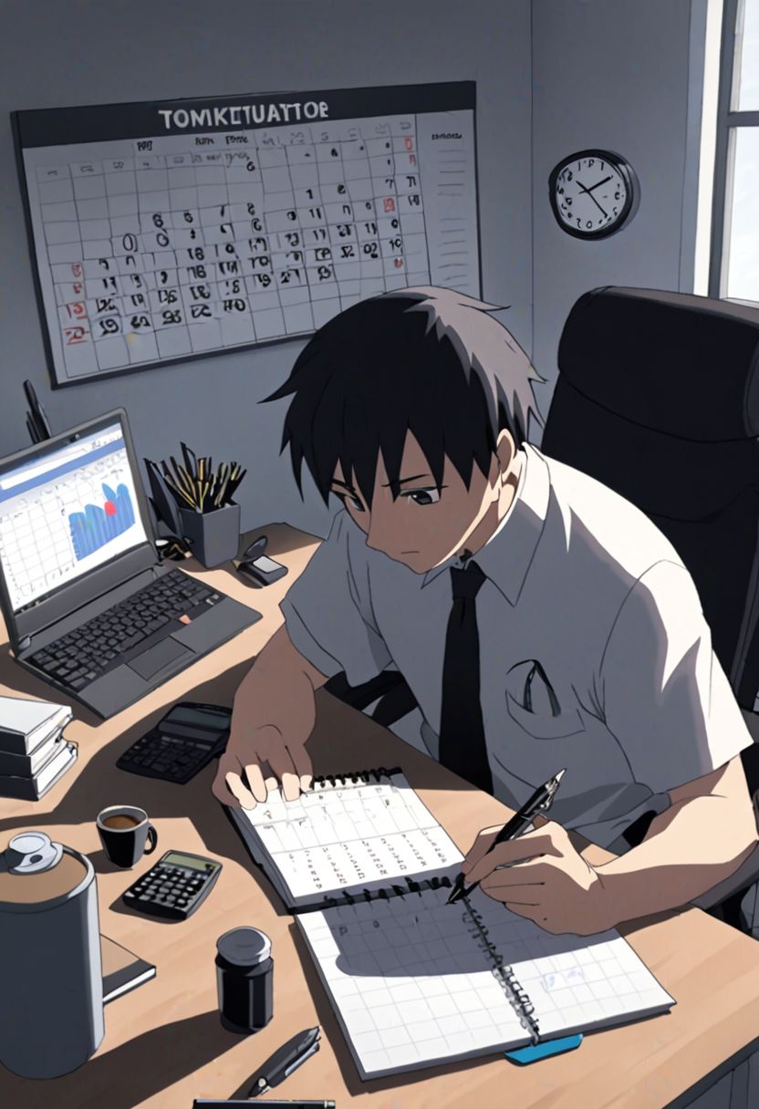 Highres, Masterpiece, High Quality, 4K, 8K, solo, 1Boy, Takaki Toono, adult, black hair, short hair, worker, working, office space, office desk, white wall, carpet floor, office chair, sitting, concentration, focus, think, fidget, pen, notepad, laptop, coffee, water bottle, document, calendar, calculator, wall clock, easynegative, detailed_eye_model