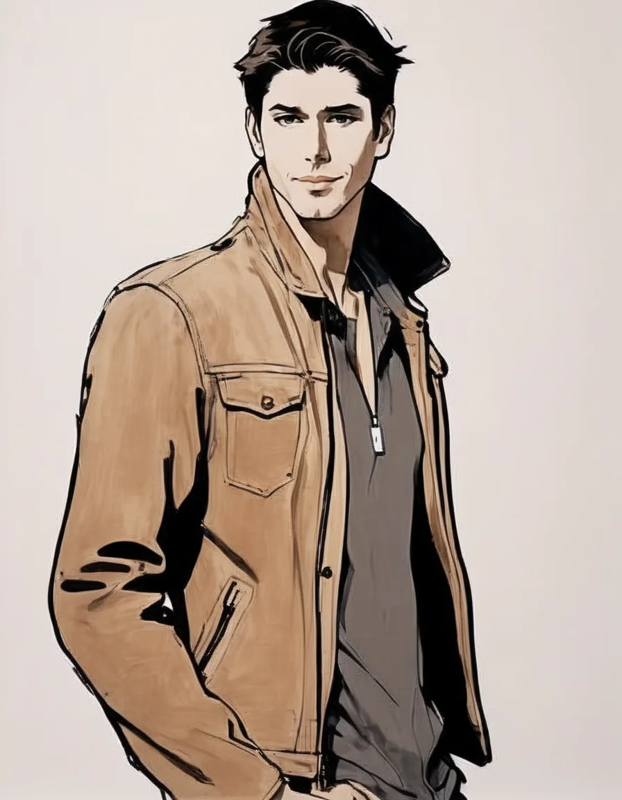 japanese line painting of de4n, male, <lora:RG2:1.2>in the style of rene gruau, vogue, illustration, style, minimalistic, with white background, brush strokes <lora:De4n-leosam-01-000008:1>, oversized brown leather jacket, grey t-shirt, turning around, looking back, close-up, happy, :d, laughing, short brown quiff, pendant necklace, upturned collar