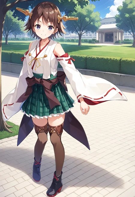 1girl, standing, full body, park, <lora:KC_05BB_hiei_ponyv2:1> hieikc, brown_hair, headgear, short hair, flipped hair, blue eyes, hieidefkc, nontraditional_miko, bare shoulders, detached sleeves, wide sleeves, ribbon-trimmed sleeves, white sleeves, plaid skirt, green skirt, pleated skirt, frilled skirt, brown thighhighs, black boots,, score_9,score_8_up, score_7_up, source_anime, masterpiece, best quality, official art, official style, game cg, megami magazine, rating_safe, rating_questionable, <lora:Fixhands_anime_bdsqlsz_V1:0.75>, NEGATIVE_HANDS