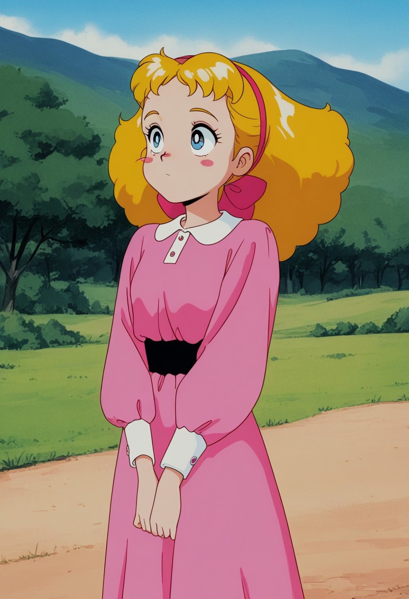 score_9, masterpiece, perfect quality, 1girl, mary-lennox, blonde hair, hairband, blue eyes, blush stickers, outfit2, outdoors, retro artstyle, official style