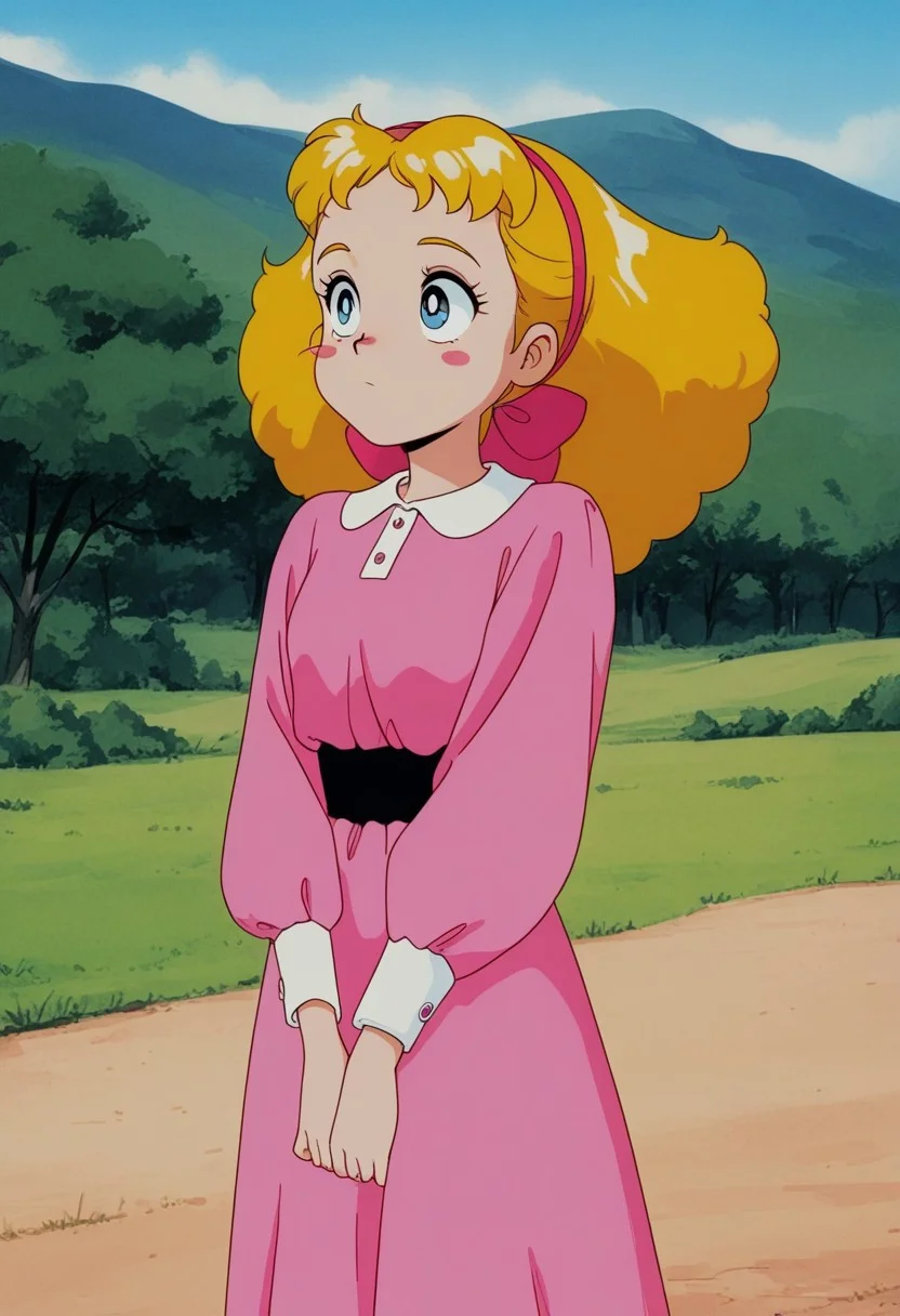 score_9, masterpiece, perfect quality, 1girl, mary-lennox, blonde hair, hairband, blue eyes, blush stickers, outfit2, outdoors, retro artstyle, official style