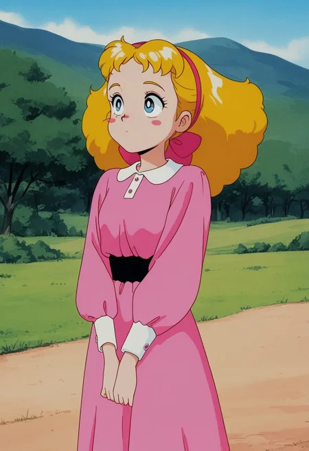 score_9, masterpiece, perfect quality, 1girl, mary-lennox, blonde hair, hairband, blue eyes, blush stickers, outfit2, outdoors, retro artstyle, official style