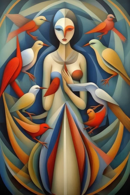 <lora:Jean Metzinger Style:1>Jean Metzinger Style - a paint of birds women, with the sacred geometry and the mistery of creation made