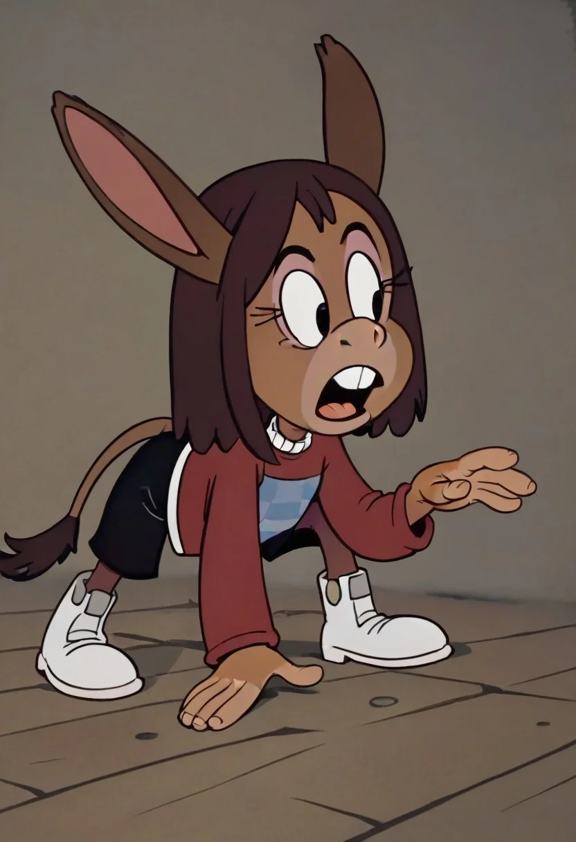 (score_9 | score_8_up | score_7_up) ((masterpiece:1))(best quality,very high quality,ultra detailed:1.2) (2D,cartoon style,anime style)(Smooth:2)(clean blurring) (four fingers on each hand,one thumb on each hand:1), Kara, solo, 1girl, dark-skinned, dark brown hair, shoulder-length hair, two eyelashes, buck teeth, dark red sweater with a blue checkered chest stripe and a white collar, black shorts, white ankle boots, Full Donkey, half donkey, donkey head, donkey ears, donkey tail, all fours