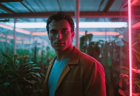 (80sPortrait), indoors, greenhouse, neon lights