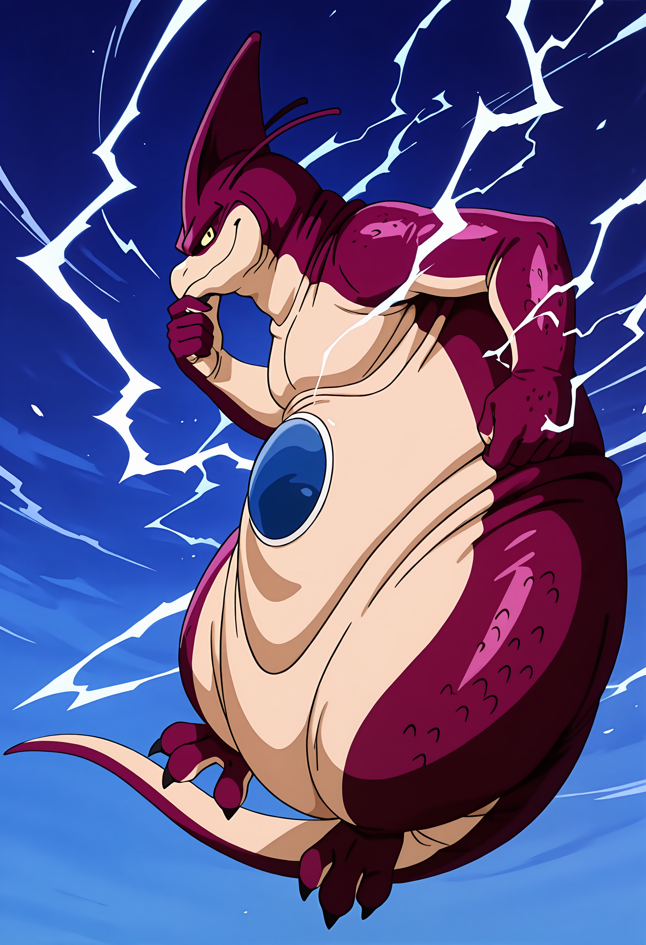 masterpiece, ultra-detailed, best quality, newest, absurdres, anime screenshot, shaded, fully rendered BREAK, rageshenron, small, male, belly fold, skin folds, leg raised, tail, thick thighs, 3 toes, 3 digits, BREAK, hand on chin, snob, smirk, looking at viewer, close view, side view, levitating subject, BREAK, wide white lightning aura, white lightning, full body, abstract blue background, solo,<lora:Rage_Shenron_Illustrious:1>