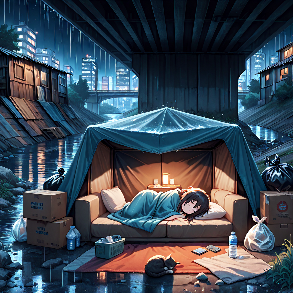 absurdres, explicit, shack under bridge, deep shadow, lying on sofa, sleeping, 1girl, light frown, blanket, covering with blanket, cat, box, fog, city, tree, rock, weeds, ruins, river, water, building, scenery, outdoors, trash bag, water bottle, awning, tent interior, night, night sky, city lights, rain, raining, water drop, <lora:girlhateshackunderbridge_ilxl:1>